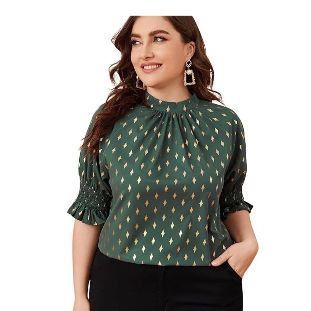 NWOT Forest Green & Gold Fleur-de-Lis Blouse-3X (fits like 2X), Shiny,Modern